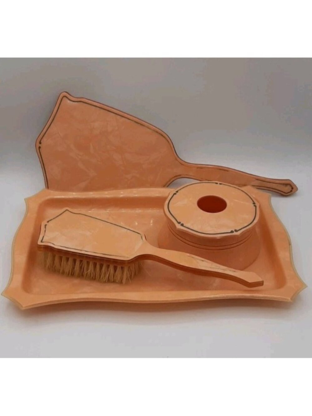 Vintage Pearloid Celluloid Salmon Art Deco Vanity Dresser Set Tray Brush Mirror